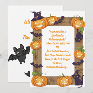 Whimsical Pumpkin and Black Cat Halloween Invite Feestdagenkaart