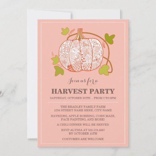 Whimsical Pumpkin Harvest Party Invitation Kaart (Voorkant)