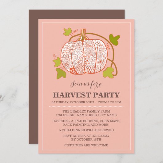 Whimsical Pumpkin Harvest Party Invitation Kaart (Voorkant / Achterkant)