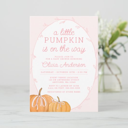 Whimsical Pumpkin Pink Girl Baby shower Kaart (Staand voorkant)