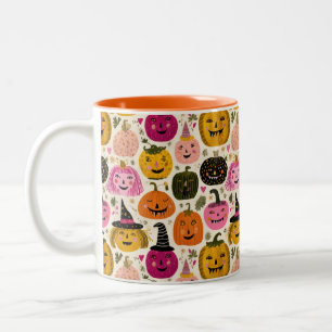Whimsical Pumpkins Spooky Schattige Kleurrijke Hal Tweekleurige Koffiemok