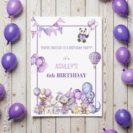 Whimsical Purple Animals Birthday  Invitation Kaart