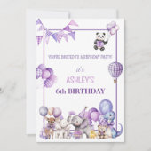 Whimsical Purple Animals Birthday  Invitation Kaart (Voorkant)