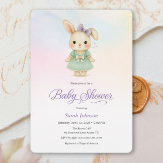 Whimsical Purple Bunny Girl Baby Shower Invite Kaart