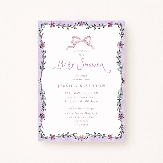 Whimsical Purple Floral Frame Baby Shower  Kaart