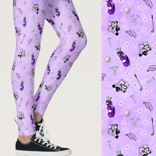 Whimsical purple golf themed patterned leggings