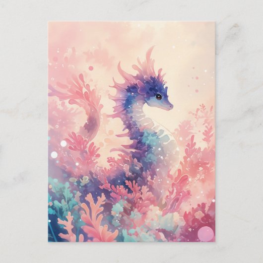 Whimsical Purple Seahorse in Pink Coral Briefkaart (Voorkant)