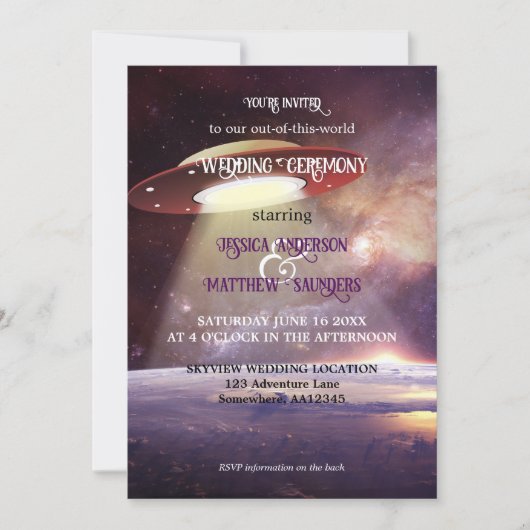 Whimsical QR Code Sci-fi UFO Space Wedding Kaart (Voorkant)