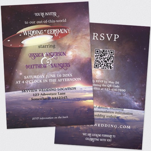 Whimsical QR Code Sci-fi UFO Space Wedding Kaart