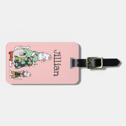 Whimsical Quilting Cat Pink Bagagelabel (Voorkant horizontaal)