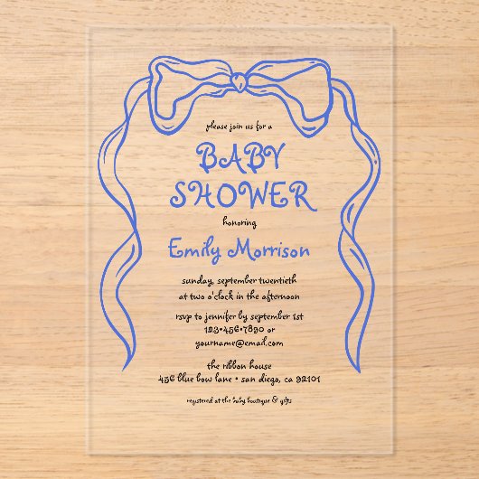 Whimsical Quirky Blue Bow Baby Boy Shower Acryl Uitnodigingen (Voorkant)