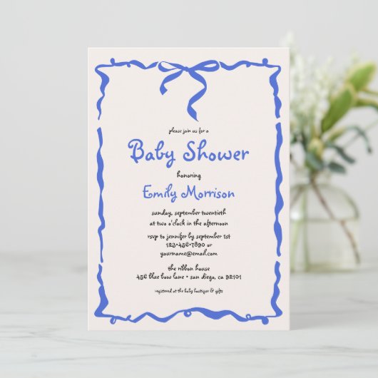 Whimsical Quirky Blue Bow Boy Baby shower Kaart (Staand voorkant)