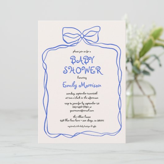 Whimsical Quirky Blue Bow Boy Baby shower Kaart (Staand voorkant)