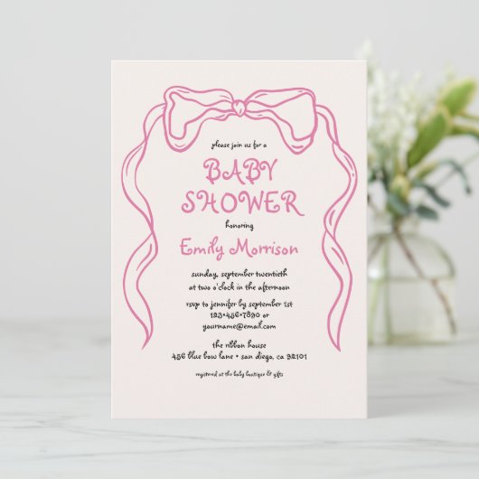 Whimsical Quirky Blush Pink Bow Baby shower Kaart (Staand voorkant)