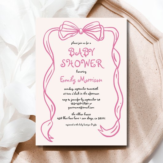 Whimsical Quirky Blush Pink Bow Baby shower Kaart