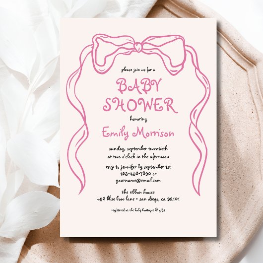 Whimsical Quirky Blush Pink Bow Baby shower Kaart