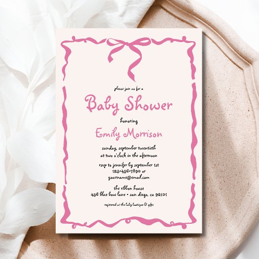Whimsical Quirky Blush Pink Bow Baby shower Kaart