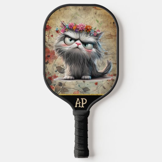 *~* Whimsical Quirky Cat AP68 Floral 2 FOTO Pickleball Paddle (Voorkant)