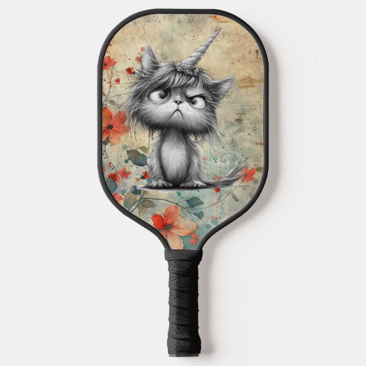 *~* Whimsical Quirky Cat AP68 Floral 3 FOTO Pickleball Paddle (Voorkant)