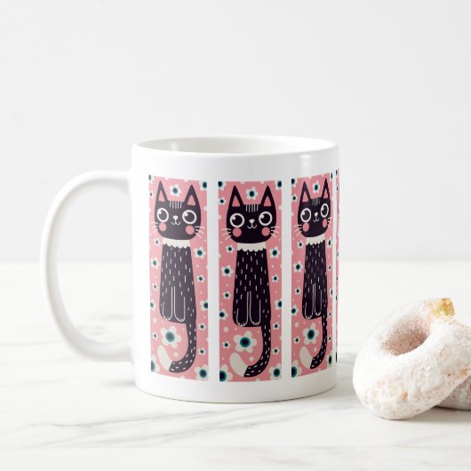 Whimsical Quirky Doodle Black Cat Tekening Koffiemok (Met donut)
