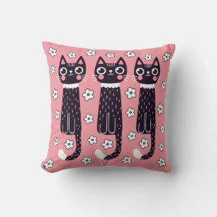 Whimsical Quirky Doodle Black Cat Tekening Kussen