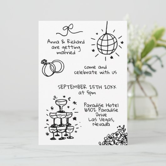 Whimsical Quirky Doodle Foto Leuke bruiloft Kaart (Staand voorkant)