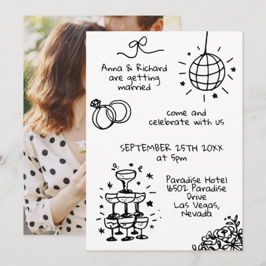 Whimsical Quirky Doodle Foto Leuke bruiloft Kaart (Voorkant / Achterkant)