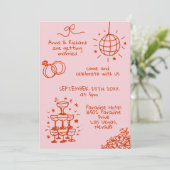 Whimsical Quirky Doodle Fun Roze Rood Huwelijk Kaart (Staand voorkant)