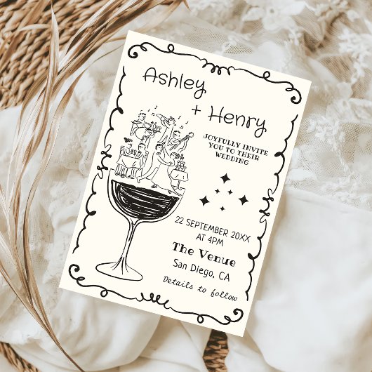 Whimsical Quirky Hand Drawn Champagne Wedding Kaart