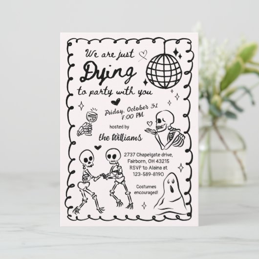 Whimsical Quirky Hand getrokken Skelet Halloween Kaart (Staand voorkant)