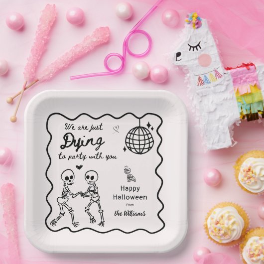 Whimsical Quirky Hand getrokken Skelet Halloween Papieren Bordje (Feest)