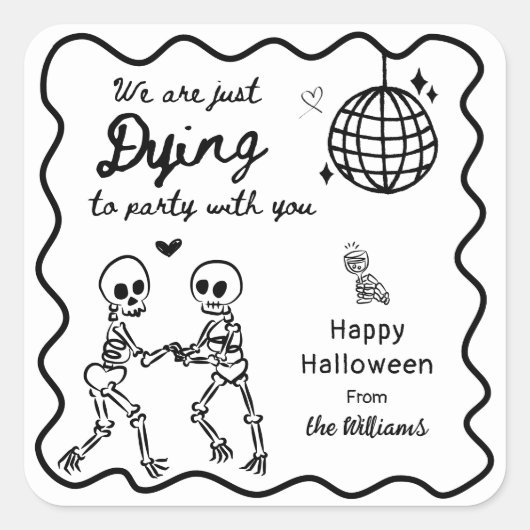 Whimsical Quirky Hand getrokken Skelet Halloween Vierkante Sticker (Voorkant)