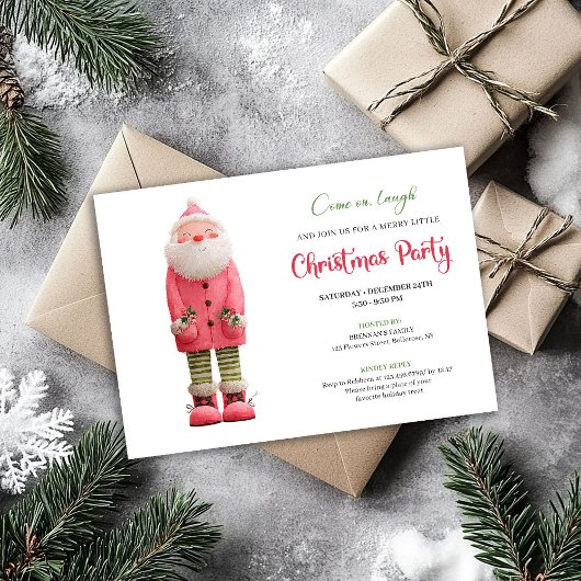 Whimsical Quirky Pink Santa Festive Party Design Kaart