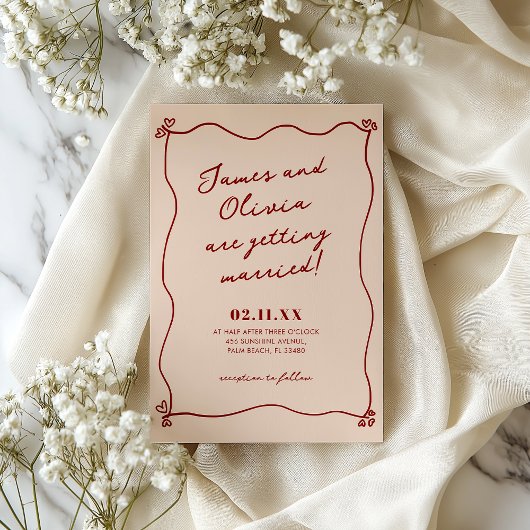 Whimsical Quirky Red Hand Getrokken bruiloft uitno Kaart