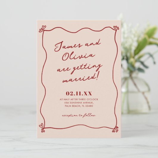 Whimsical Quirky Red Hand Getrokken bruiloft uitno Kaart (Staand voorkant)