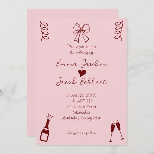 Whimsical Quirky Squiggles Roze Bruiloft Kaart (Voorkant / Achterkant)