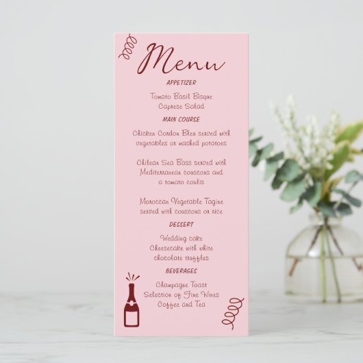 Whimsical Quirky Squiggles Roze Bruiloft Menu (Staand voorkant)