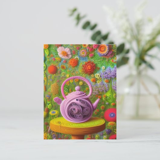 Whimsical Qused Teapot Landschap Briefkaart (Staand voorkant)