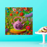 Whimsical Qused Teapot Landschap Poster<br><div class="desc">Een grillig poster met AI genereerde kunstwerk van een gequideerde theepot op een helder gekleurd bloemlandschap.</div>