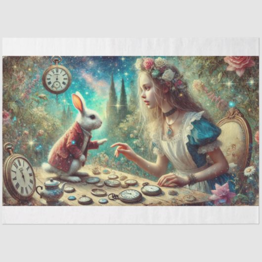 Whimsical Rabbit Alice Clocks Wonderland Decoupage Tissuepapier (Voorkant)