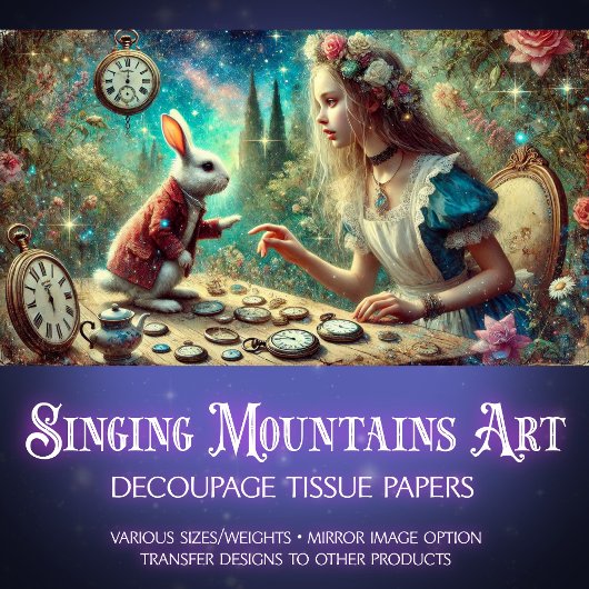 Whimsical Rabbit Alice Clocks Wonderland Decoupage Tissuepapier