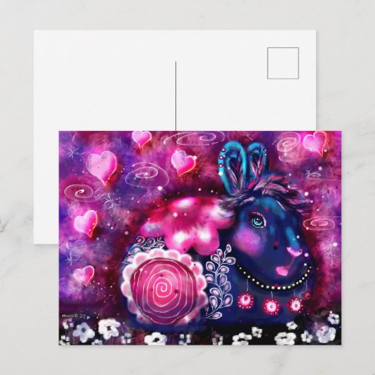 Whimsical Rabbit 'Glamour Bunny' Roze Paarse Briefkaart (Voorkant / Achterkant)