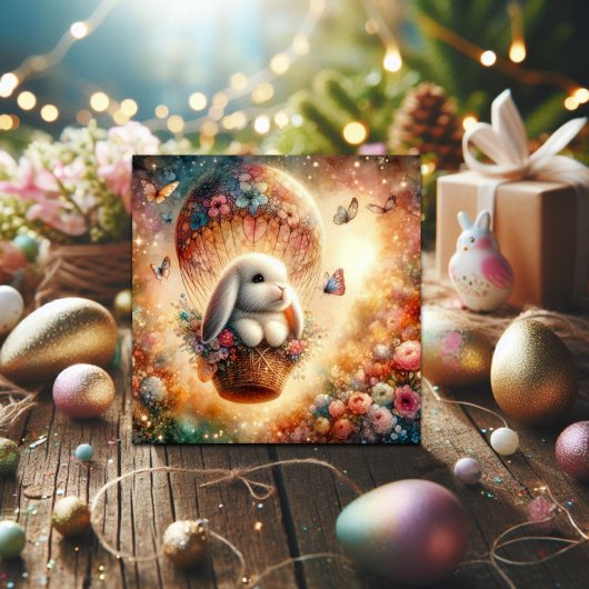 Whimsical Rabbit Waterverf Hete Luchtballon Pasen Feestdagenkaart