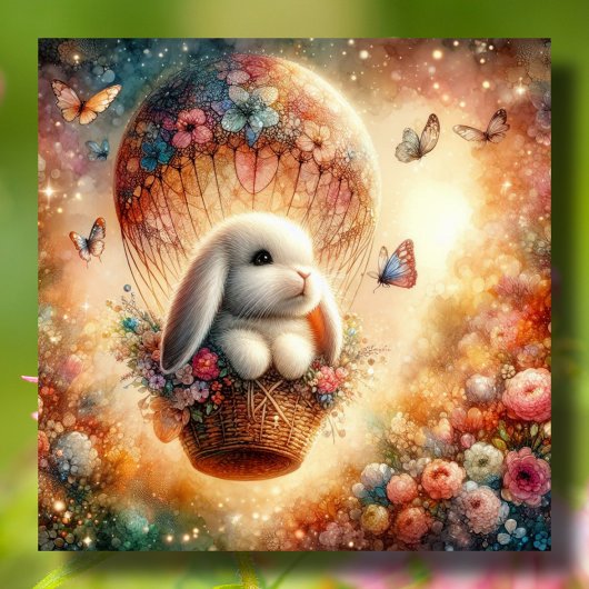 Whimsical Rabbit Waterverf Hete Luchtballon Pasen Feestdagenkaart