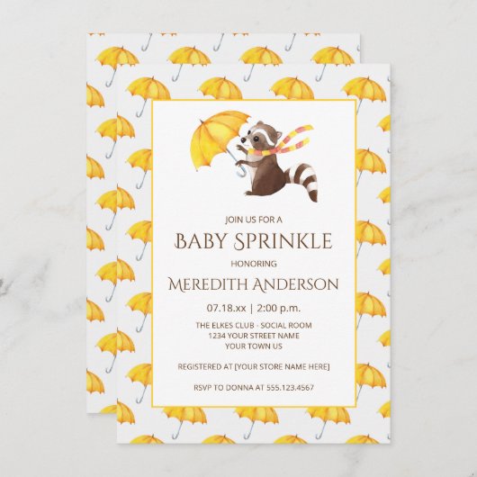 Whimsical Raccoon Gele Paraplu's Baby Sprinkle Kaart (Voorkant / Achterkant)