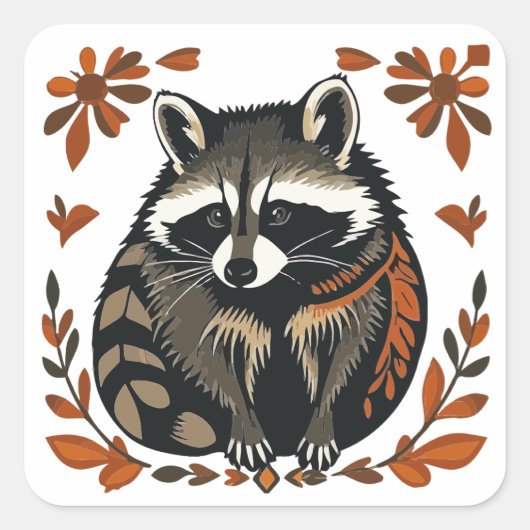 Whimsical Raccoon Woodland Animal Folk of Tribal A Vierkante Sticker (Voorkant)
