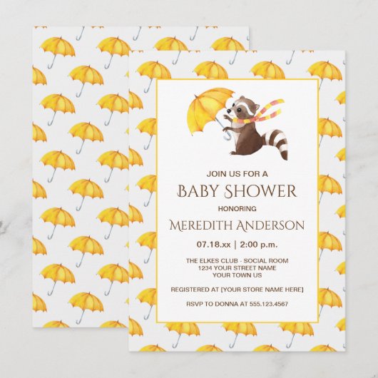 Whimsical Raccoon Yellow Umbrellas Baby shower Kaart (Voorkant / Achterkant)