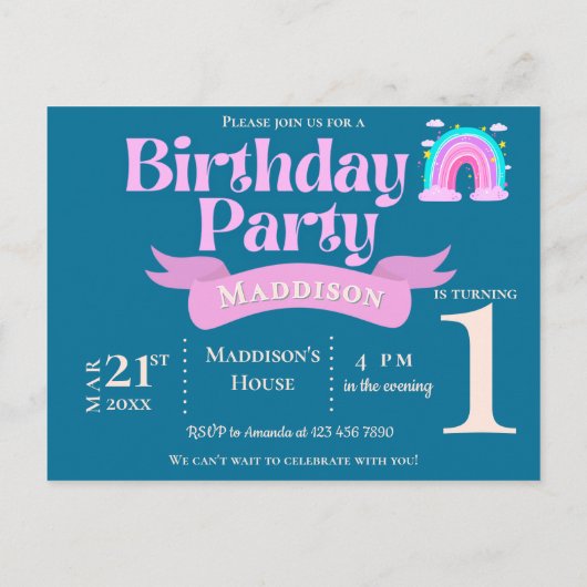 Whimsical Rainbow 1e verjaardag foto uitnodiging (Achterkant)