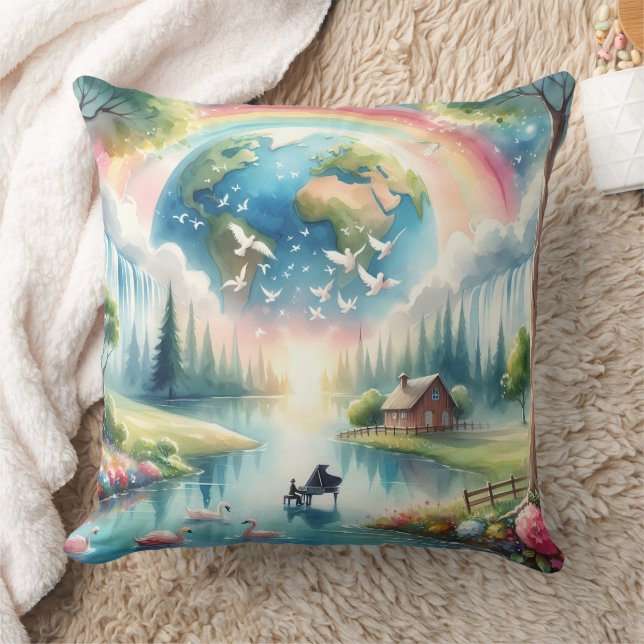 Whimsical Rainbow Earth Fantasy Scene Kussen (Deken)