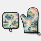 Whimsical Rainbow Earth Fantasy Scene Ovenwant & Pannenlap Set (Voorkant)